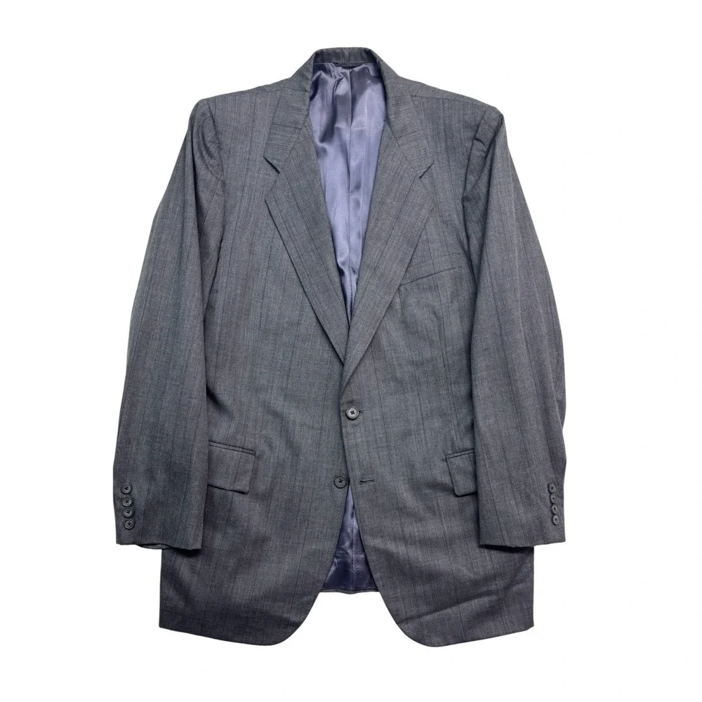 vtg 90s Tom James 46L 37x34 Gray Pinstripe 2pc Pant Suit Wool USA Pleated Cuffed